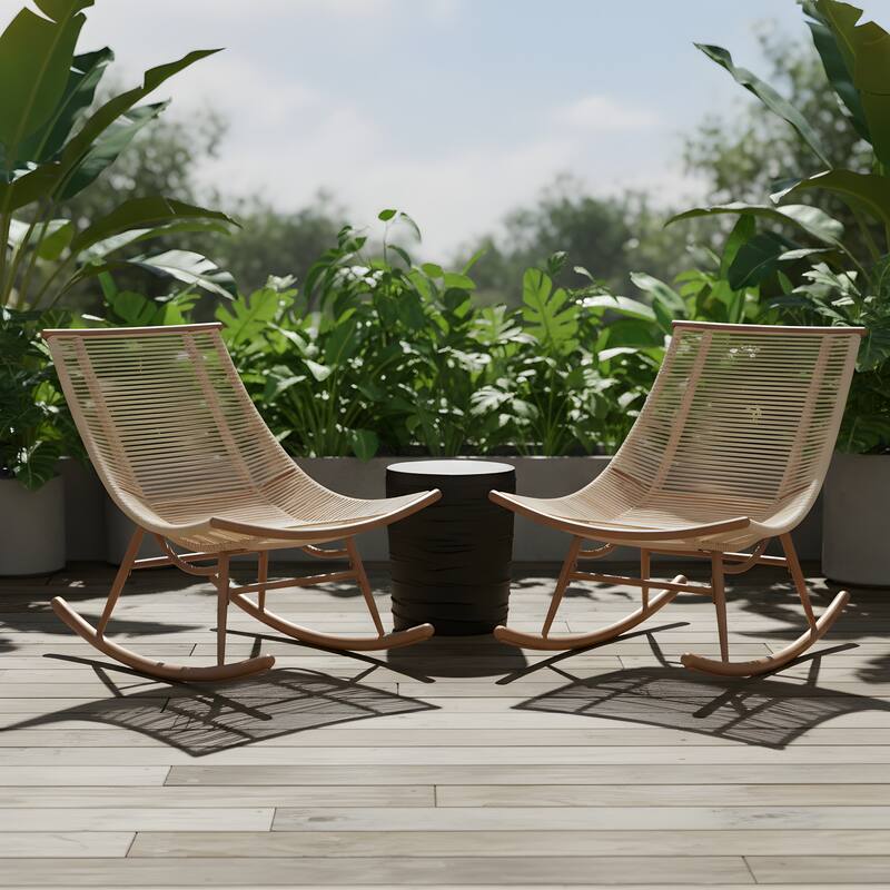 Christopher Knight Home - Serene Outdoor Set of 2 Rocking Chair with PE Rattan and Concrete Side Table Set - Natural+Black