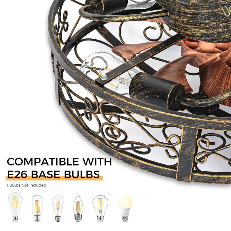 20 Inch Indoor White and Gold Low Profile Cage Ceiling Fan with Light - 20 Inches