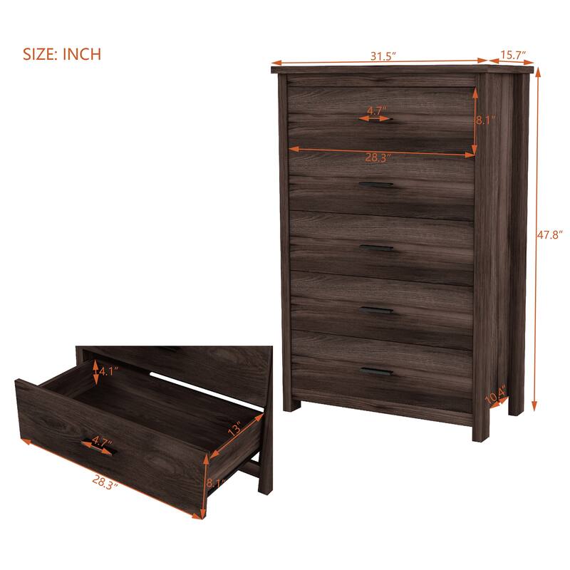 Wardrobe Dresser with 5 Drawer Modern Tall Chest of Drawers, Walnut