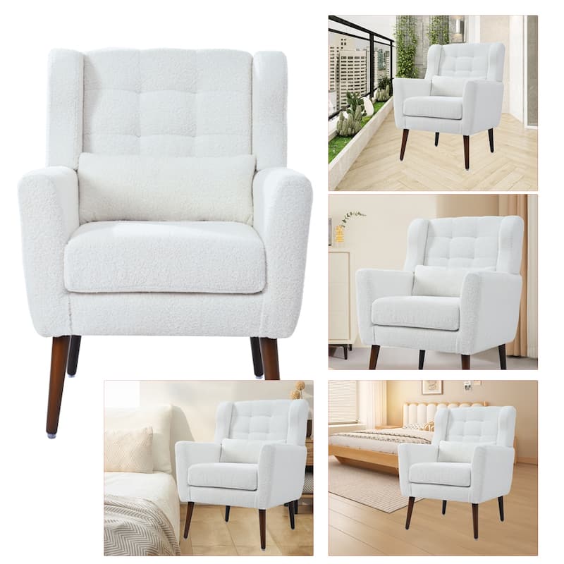White Modern 24.21" Upholstered Button Tufted Arm Chair with Wood Legs for Living Room