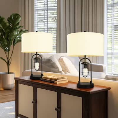 Linen Shade Metal Table Lamps with Nightlight(Set of 2)