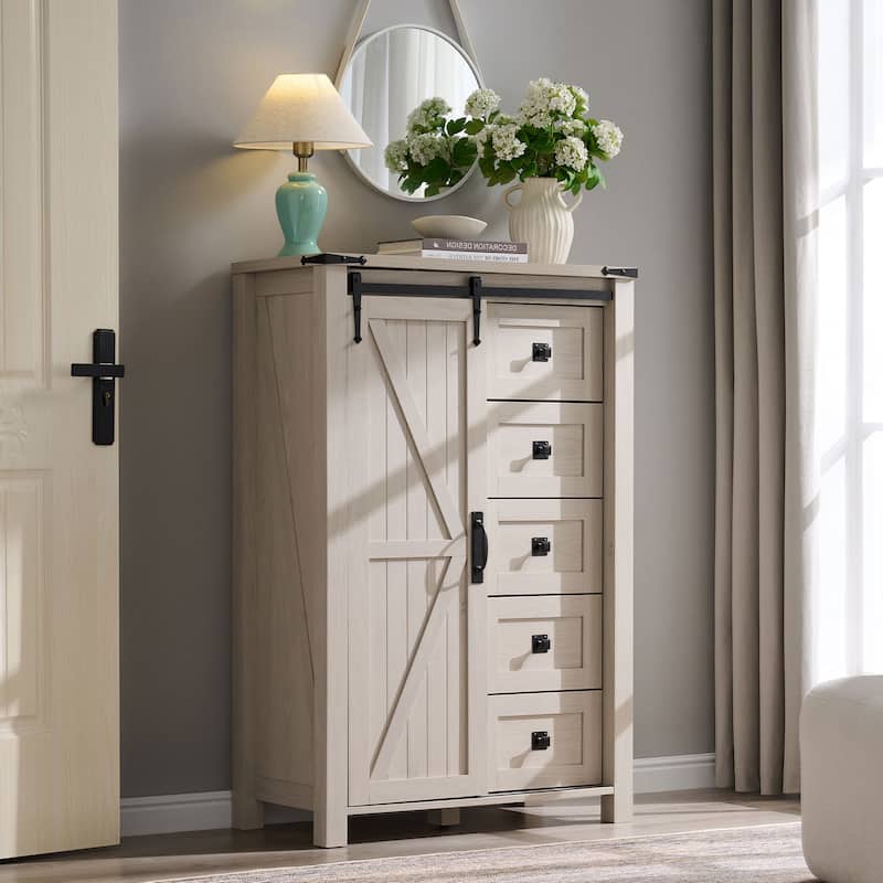 Farmhouse 5 Drawers Dresser, Vintage Chest of Drawers with Barn Door
