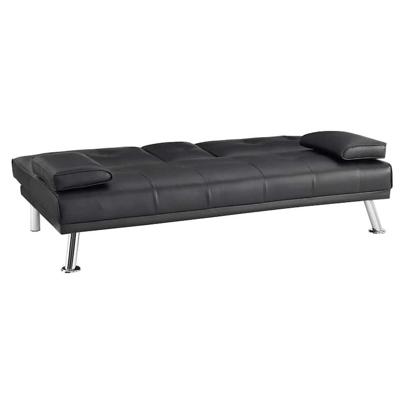 Convertible Futon Sofa Bed with Armrests & Cupholders - Faux Leather Reclining Couch for Small Spaces