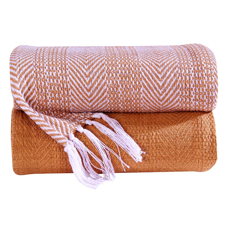 100% Cotton All Season Throw Blankets Herringbone 50''x 60'' Set of 2 - Orange