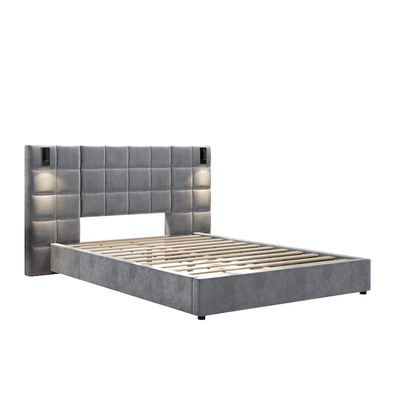 Christopher Knight Home Modern Upholstered Velvet Platform Bedframe & Headboard with Lamps and USB Ports, Grey