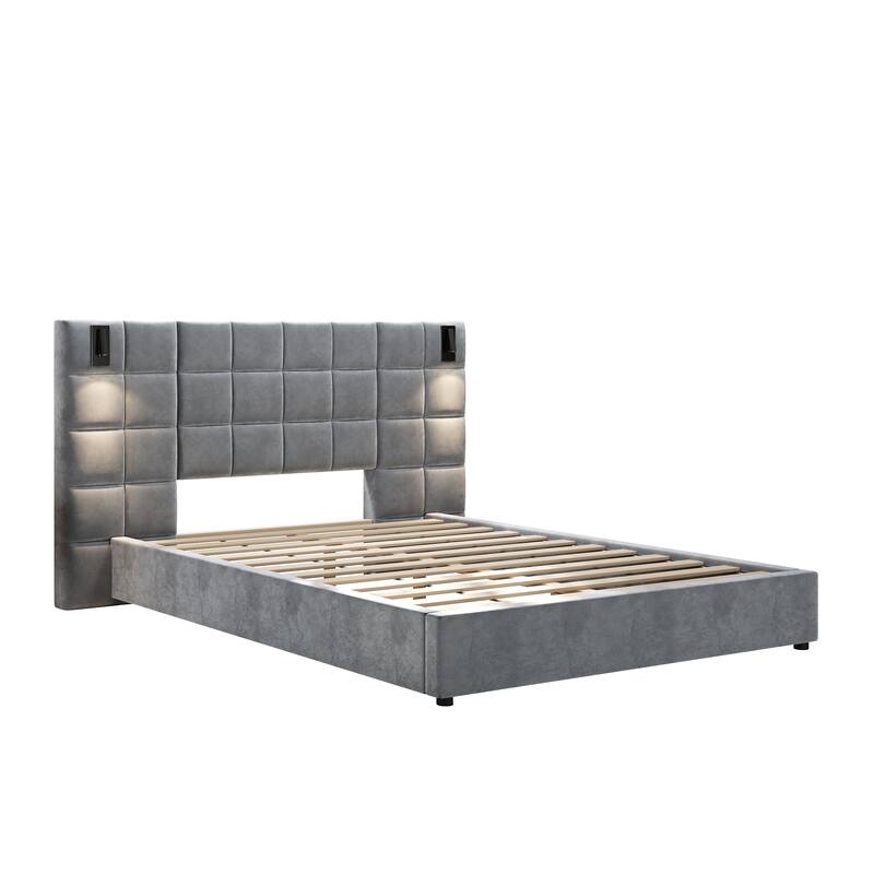 Queen Size Upholstered Bed Frame,With Wall Sconce And USB Port, Wide Headboard, Velvet, Gray