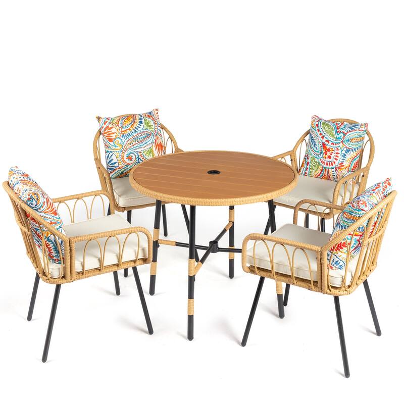 5-Piece Outdoor Patio Dining Round Table Set Included 4 Rattan Chairs with Cushions Seat and Umbrella Hole