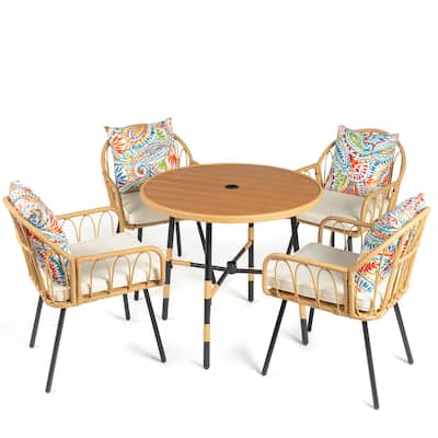 5-Piece Outdoor Patio Dining Round Table Set Included 4 Rattan Chairs with Cushions Seat and Umbrella Hole