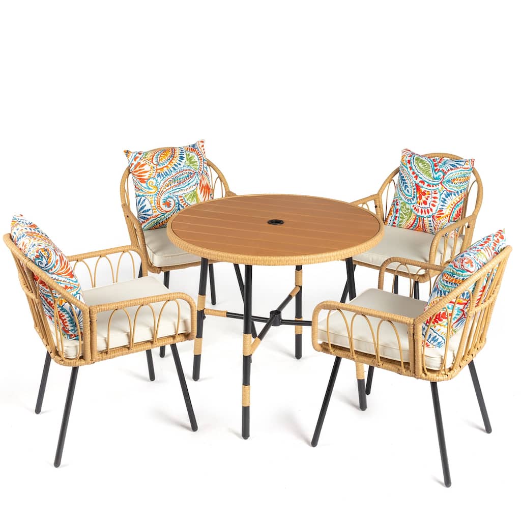5-Piece Outdoor Patio Dining Round Table Set Included 4 Rattan Chairs with Cushions Seat and Umbrella Hole