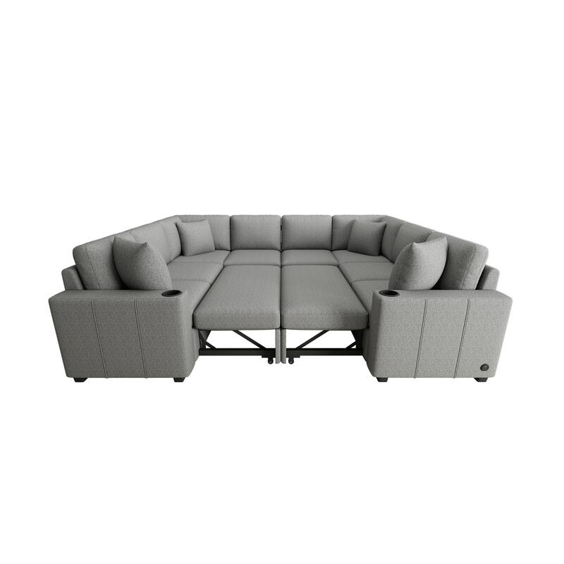 108.7" U Shaped Sectional Sleeper Sofa Chenille Upholstered Couch, Oversized Convertible Pull Out Sofa Bed with USB Ports