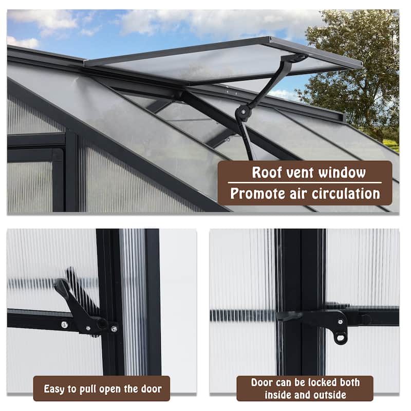 Aoodor 6' x 8' Walk-in Polycarbonate Greenhouse with Roof Vent and Door lock