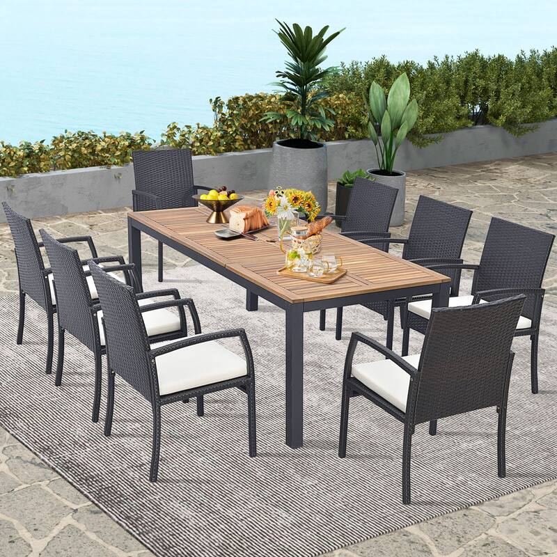 Costway 9 PCS Patio Rattan Dining Set with Acacia Wood Table, - See Details
