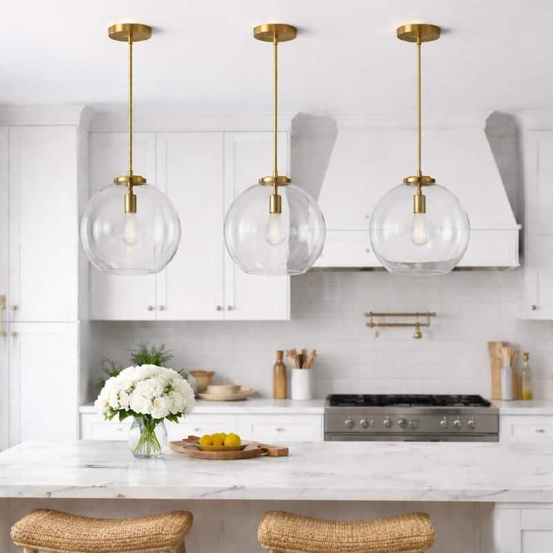 Rexe Satin Brass Pendant with Clear Glass Dome Shade - Clear Glass