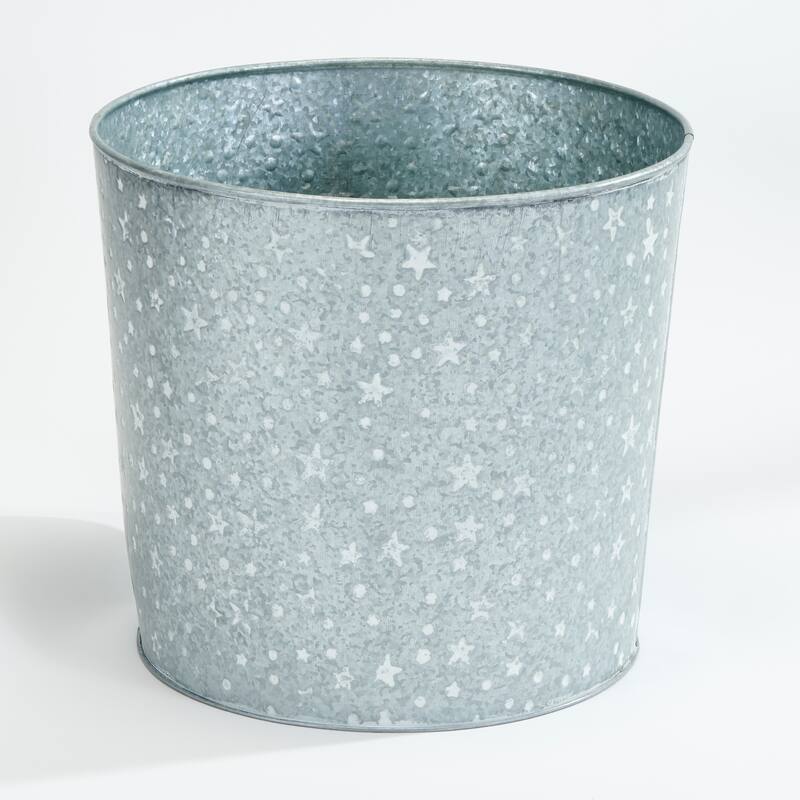 Galvanized Metal Christmas Planter Bucket with White Stars and Dots, 11.5" Height, 12.5" Diameter, Set of 2 - 11.5