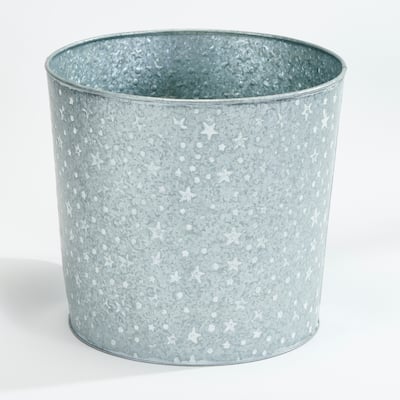 Galvanized Metal Christmas Planter Bucket with White Stars and Dots, 11.5" Height, 12.5" Diameter, Set of 2 - 11.5