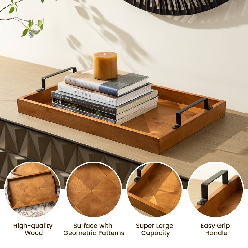 Glitzhome 2-Piece 18"/21"L Rectangle Wooden Geometric Carved Trays with Metal Handles
