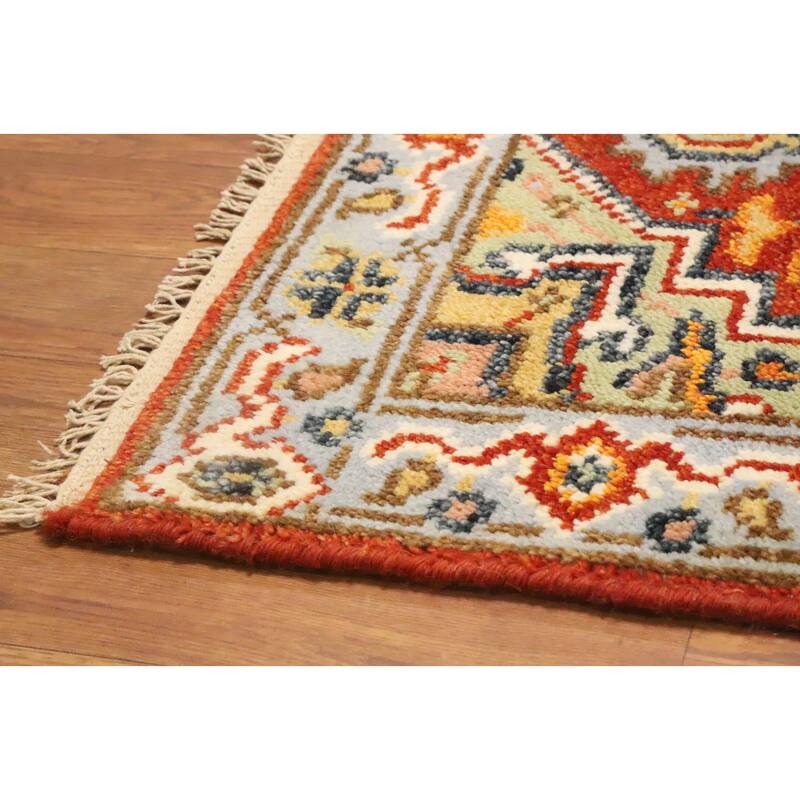 Hand Knotted Oriental 100% Wool Carpet Traditional Geometric Oranges & Rust Heriz (serapi) Runner Rug - 7' 11'' X 2' 0''