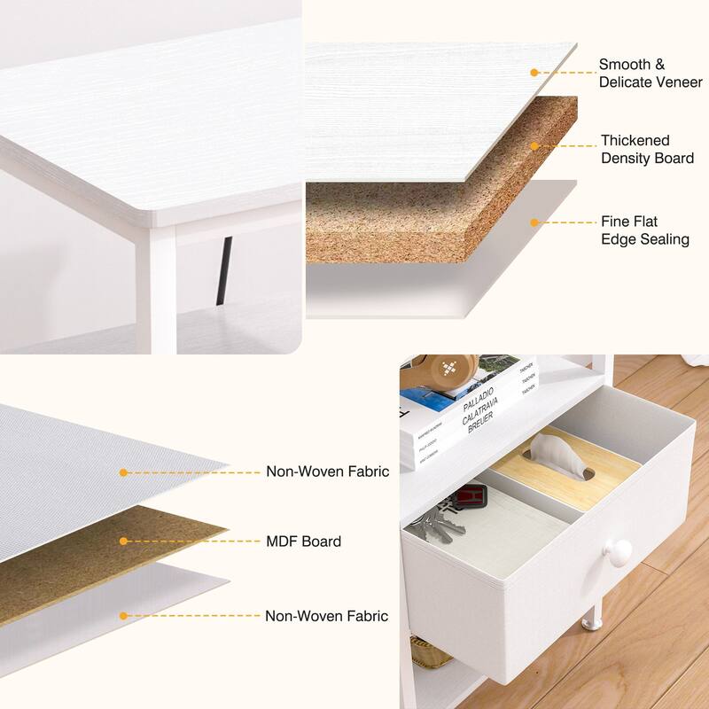 VECELO Nightstand Set with Charging Station 2 AC Outlets & 2 USB Ports 24-Inch High nightstand with Fabric Drawer 2 Open Shelves