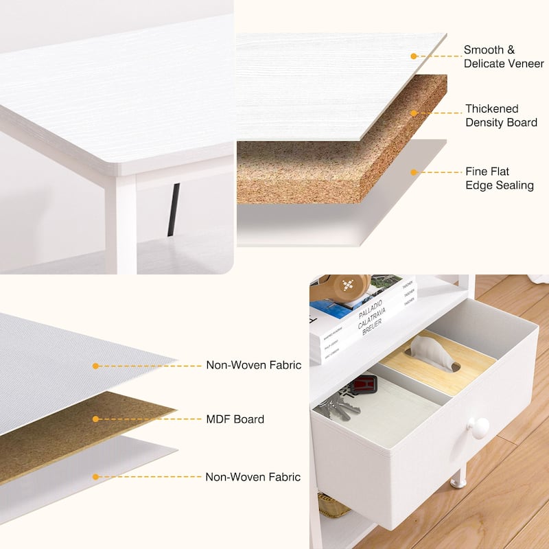 VECELO Nightstand with Charging Station 2 AC Outlets & 2 USB Ports 24-Inch High Bedside Table with Fabric Drawer 2 Open Shelves