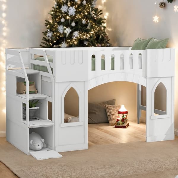 slide 2 of 20, Stylish & Playful Design Twin Size Loft Bed with Storage Staircase and Window, Sturdy Construction & Safety Guaranteed, White White