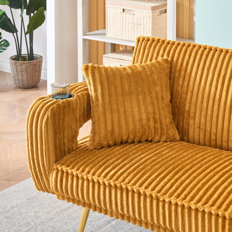 Loveseat Sofa, Adjustable Backrest Corduroy Love Seat Bed w2 Cup holder & 2 Pillows Living Room 2-seat Hollow Armchair