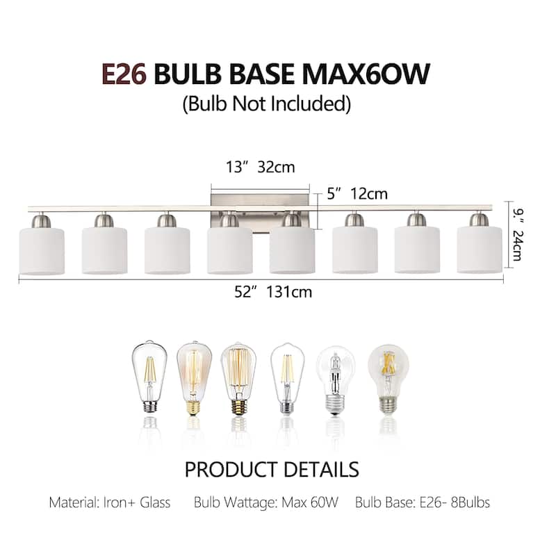 8-Light 52" Nickel Bathroom Vanity - Milky Glass - Wall Sconce for Bedroom, Living