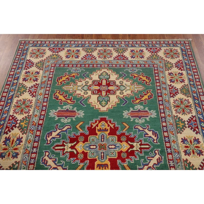 Green Geometric Kazak Oriental Area Rug Handmade Bedroom Wool Carpet - 5'0" x 6'7"