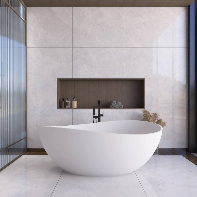63 in. Solid Surface Freestanding Flatbottom Soaking Bathtub in White