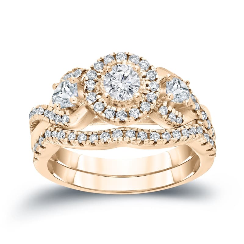 14k Gold 3/4ct TDW Braided Infinity Inspired Diamond Halo Engagement Ring Set by Auriya - 4 - Yellow