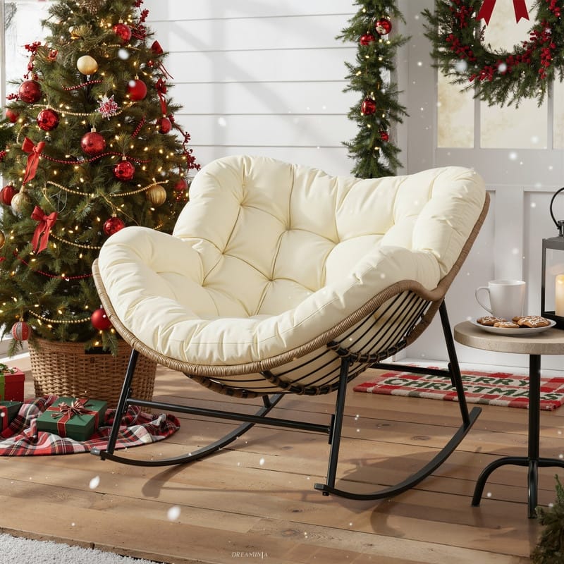 FINCATI Outdoor Royal Rocking Papasan Chair, Luxury Cozy Outdoor Rocking Chair, 450 lbs Indoor Extra Large Recliner Chair