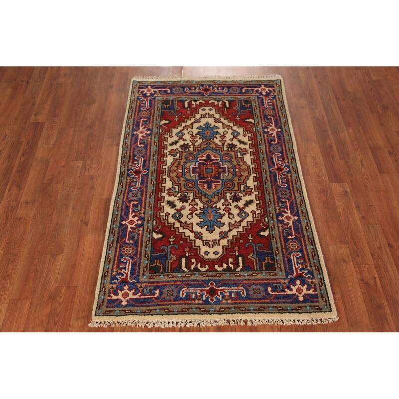Geometric Heriz Serapi Indian Foyer Rug Handmade Wool Carpet - 3'0"x 4'11"
