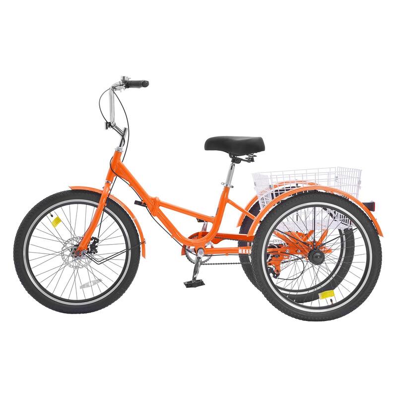 Orange Aluminum Folding Adult Tricycle with Basket and Dual Brakes - 61.8” L x 29.9” W x 40.4” H