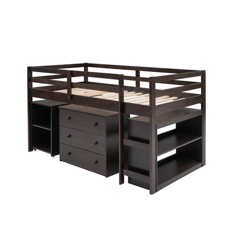 Multiple Functions Low Loft Bed with Cabinet, Shelves and Rolling Portable Desk