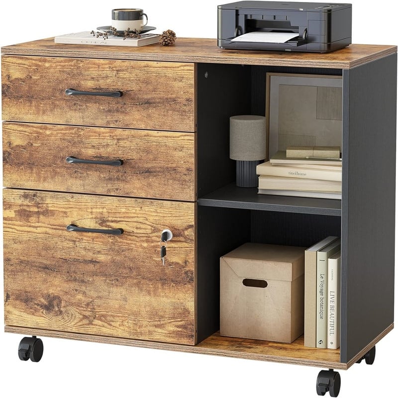 3-Drawer Mobile File Cabinet - 14.2"D x 31.5"W x 25.4"H - Vintage Black