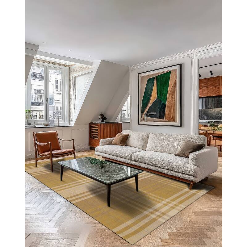 Home Decor EORC Handmade Wool Plaid Rug Stylish Yellow Area Rug for Living Room, Bedroom, Office, & Home Décor Durable & Trend