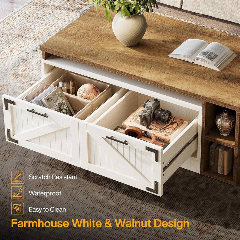 47.24-Inch Extendable Coffee Center Table for Living Room, White and Rustic Brown