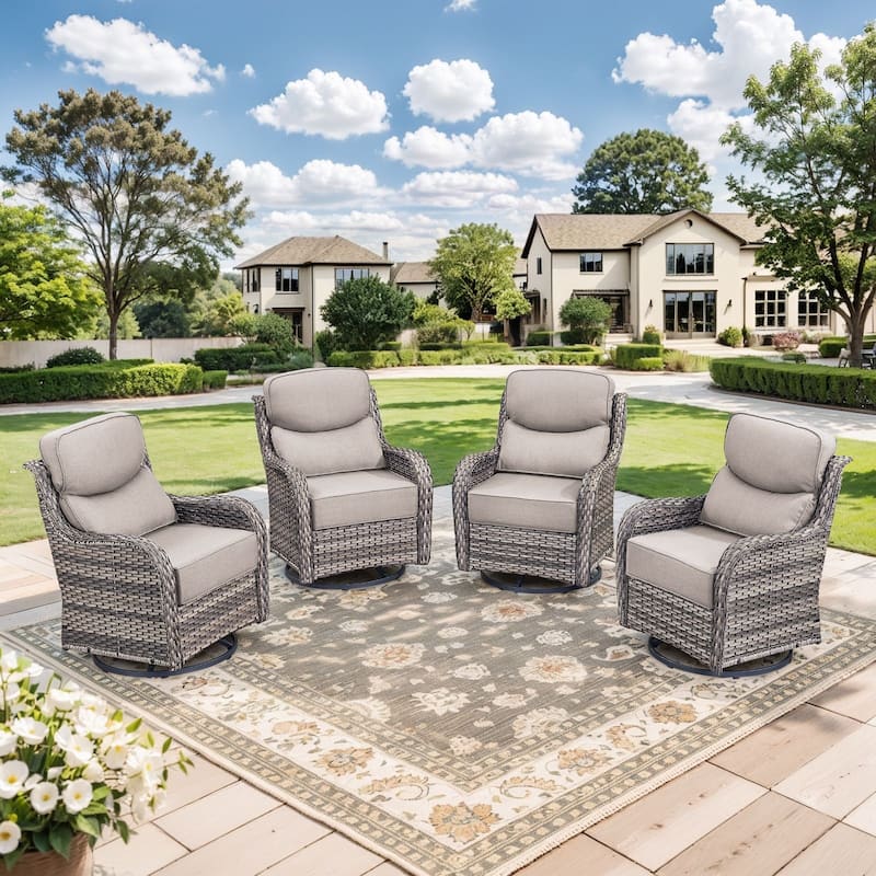 Outdoor Swivel Chairs with 6-Inch Thick Cushions for Garden - Grey Wicker Beige Cushion - 4PCS Swivel Chair