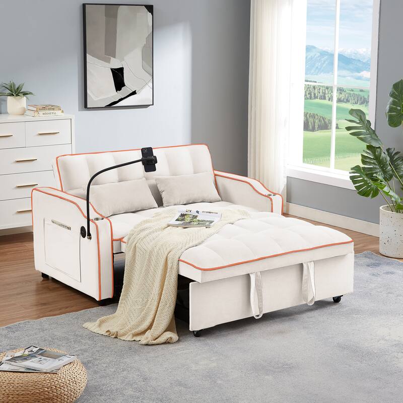 Modern Sofa Velvet Pull-out Bed, Adjustable Back and with USB port