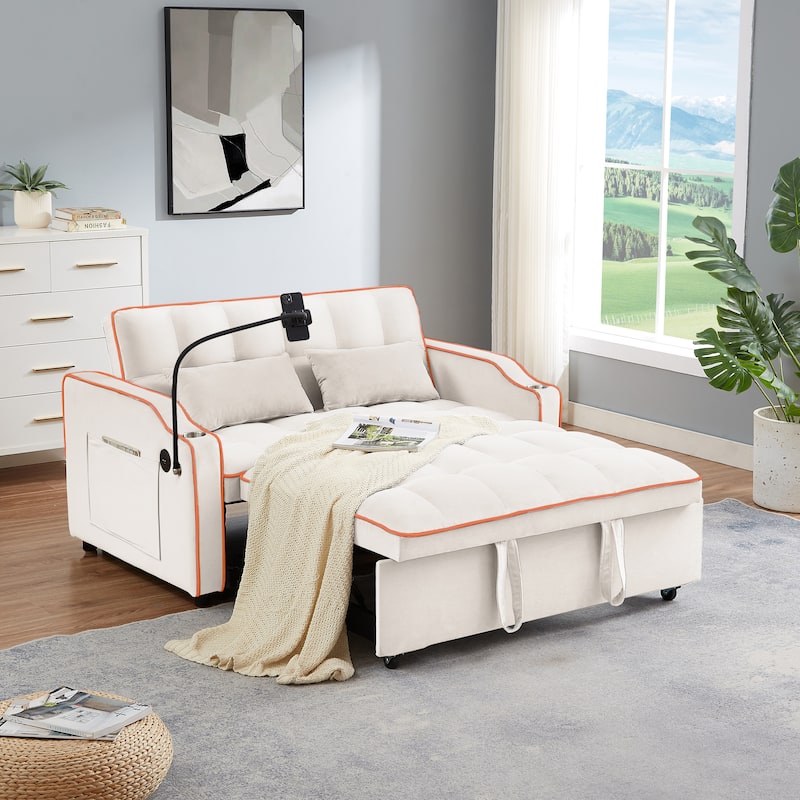 Versatile Foldable Sofa Bed Loveseat Sofa with Pull-Out Bed, USB Port and Swivel Phone Stand - Beige