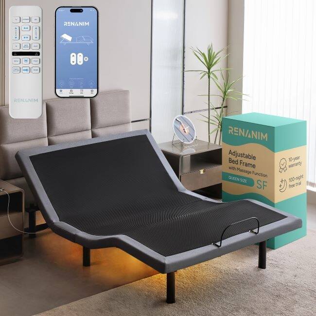 Renanim SF Adjustable Bed Frame, Dual Massage, USB, Underbed Light, App Control, Head and Foot Incline, Reclining Base - Queen