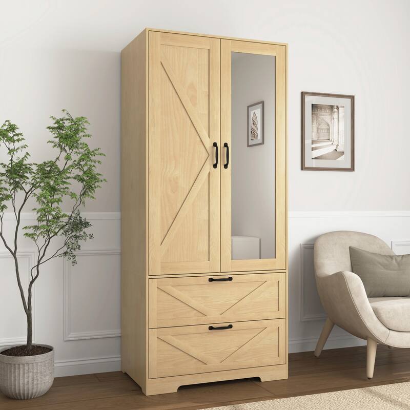 2-Door Wooden Wardrobe for Bedroom with Hanging Rod, 2 Drawers, Built-in Induction Light and Mirror