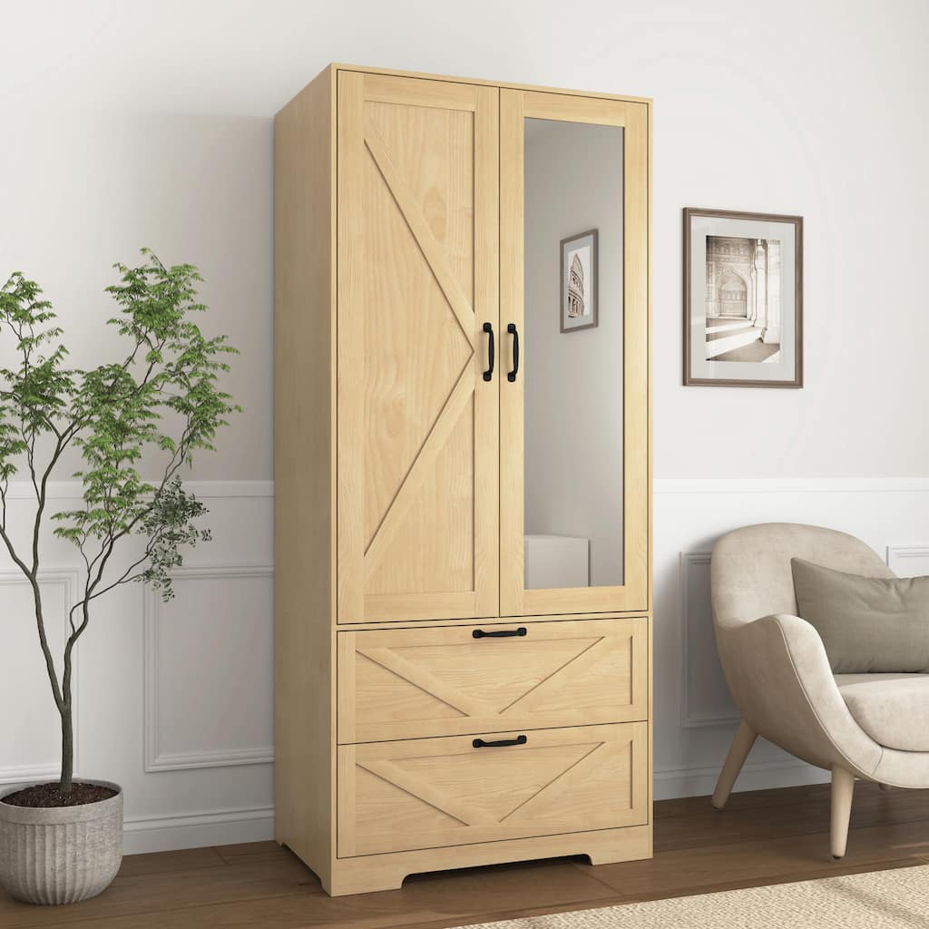 2-Door Wooden Wardrobe for Bedroom with Hanging Rod, 2 Drawers, Built-in Induction Light and Mirror