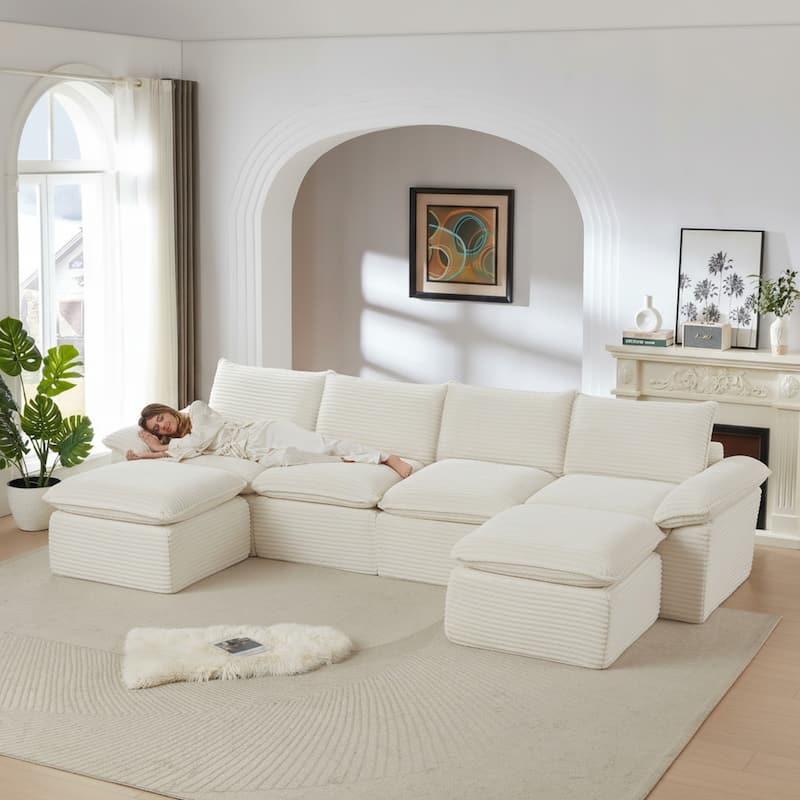 141.74" Modern Comfy Sectional Corduroy Sofa with Two Ottomans