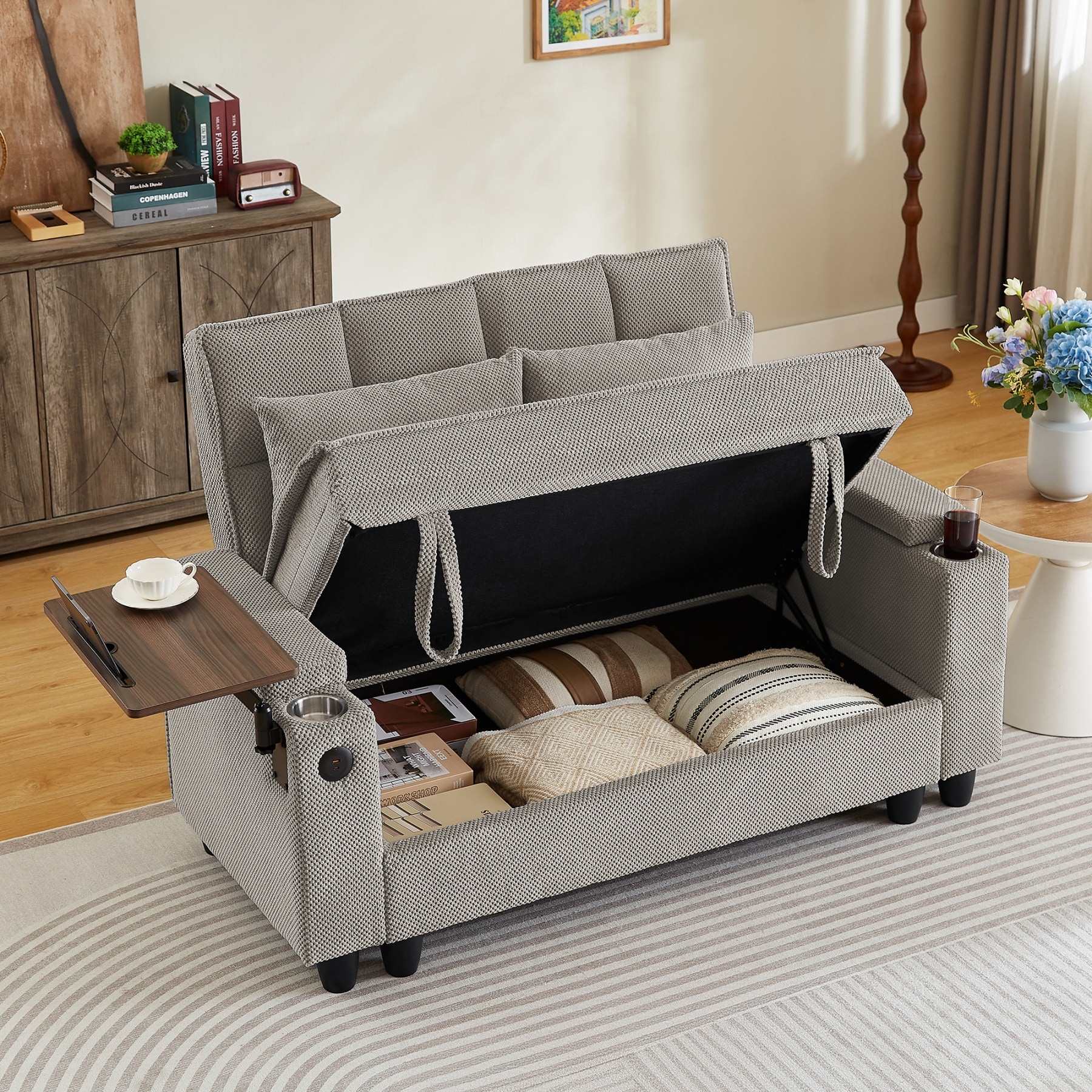 2-Seat Upholstered Loveseat Sofa with Storage & USB Charging & Swivel Table