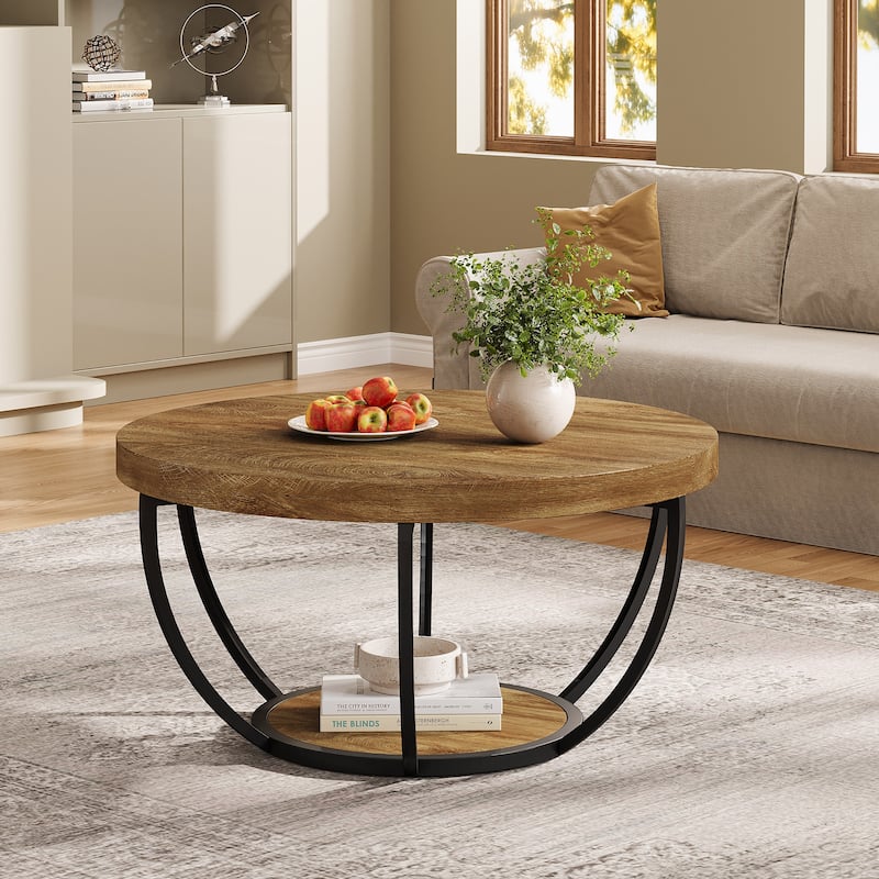 31.7" Round Coffee Table, Rustic 2-Tier Center Table with Storage Open Shelves