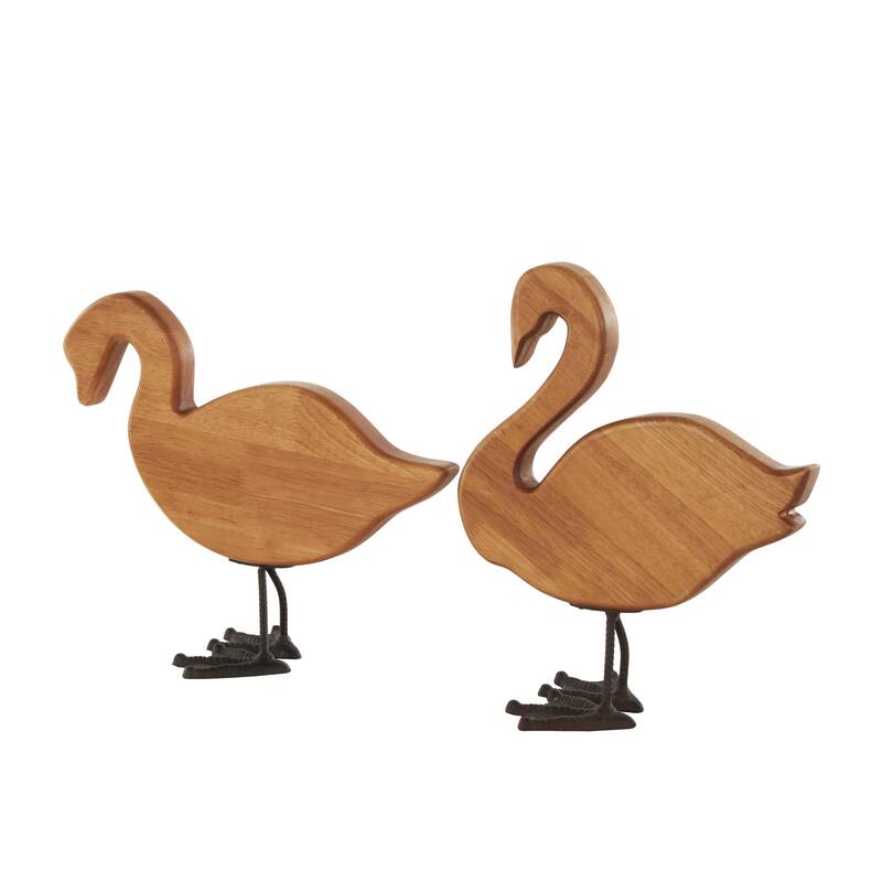 Brown Wood Abstract Minimalistic Duck Decorative Garden Sculpture with Black Metal Feet (Set of 2)