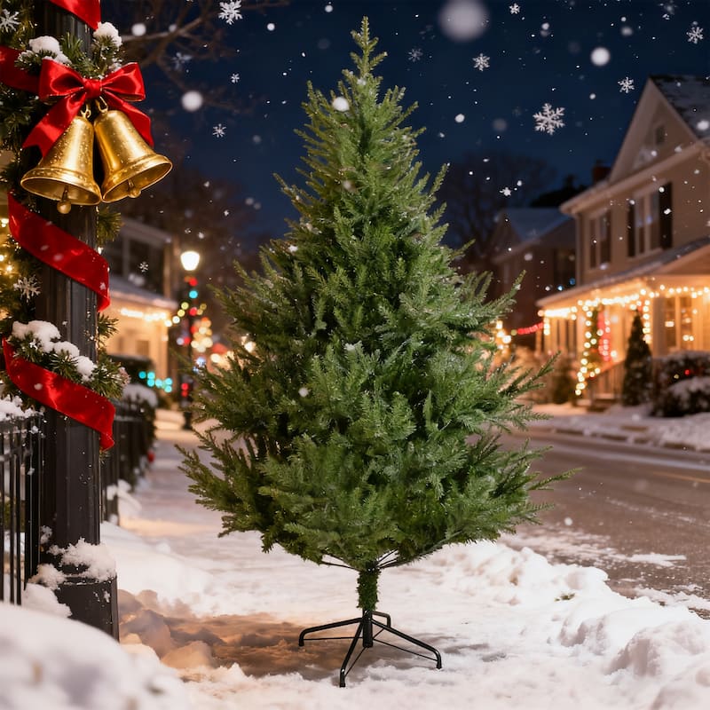 Anmytek 7FT Whimsical Curved PE Christmas Tree - 1144 Dense Tips, Lifelike, Sturdy Metal Base - 7 Foot
