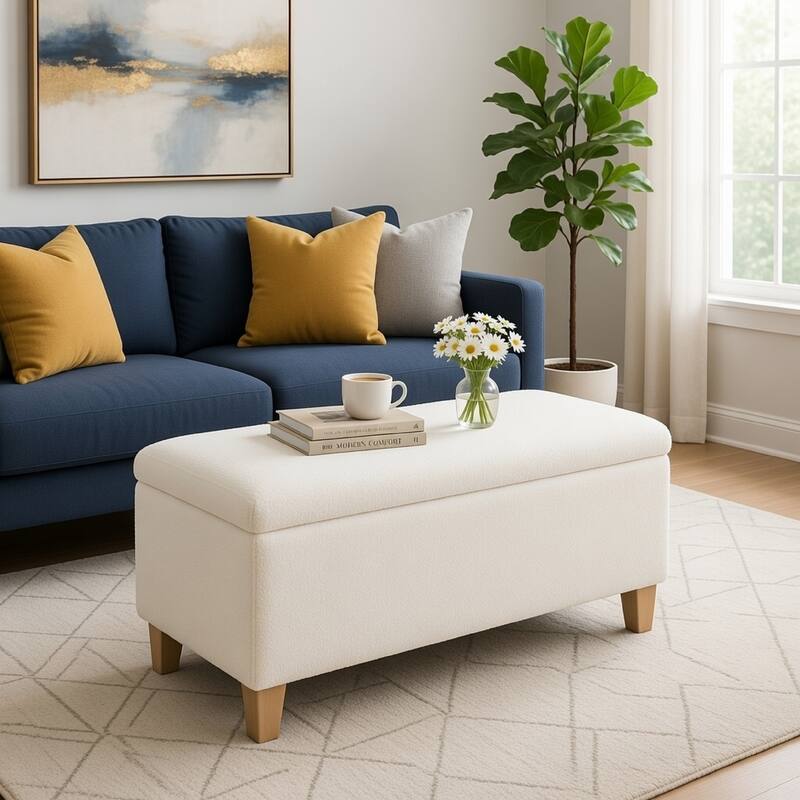 Liv Storage Bench Ottoman, Cream Sherpa, Natural Brown Wood, 42 Inch