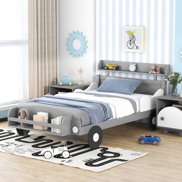 slide 2 of 9, Fun Race Car Design Twin Bed with Built-in Storage, Easy Assembly Twin - Gray