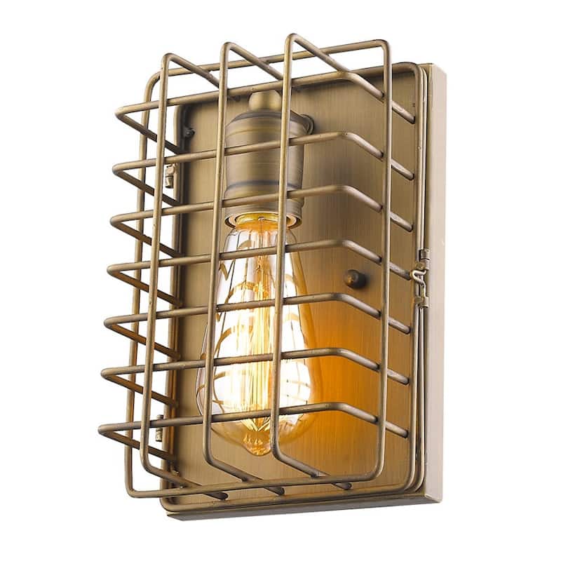 Light Gold Metal Wall Sconce with Wire Cage Shade Flush Mount, Hardwired - 4” x 6” x 9” (D x W x H) - Light Gold